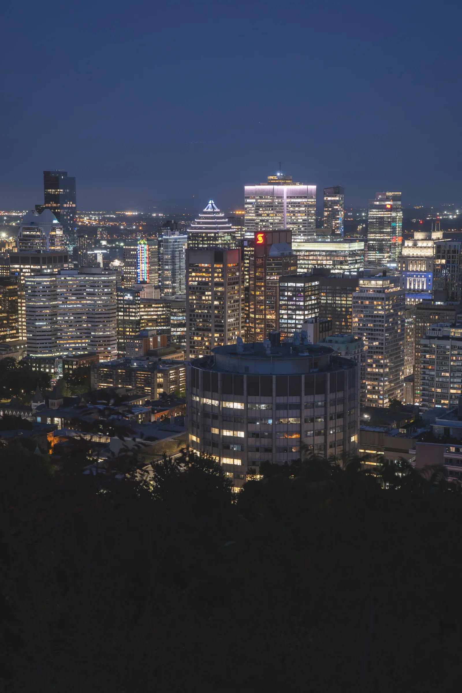 Downtown Montreal skyline lit up at night