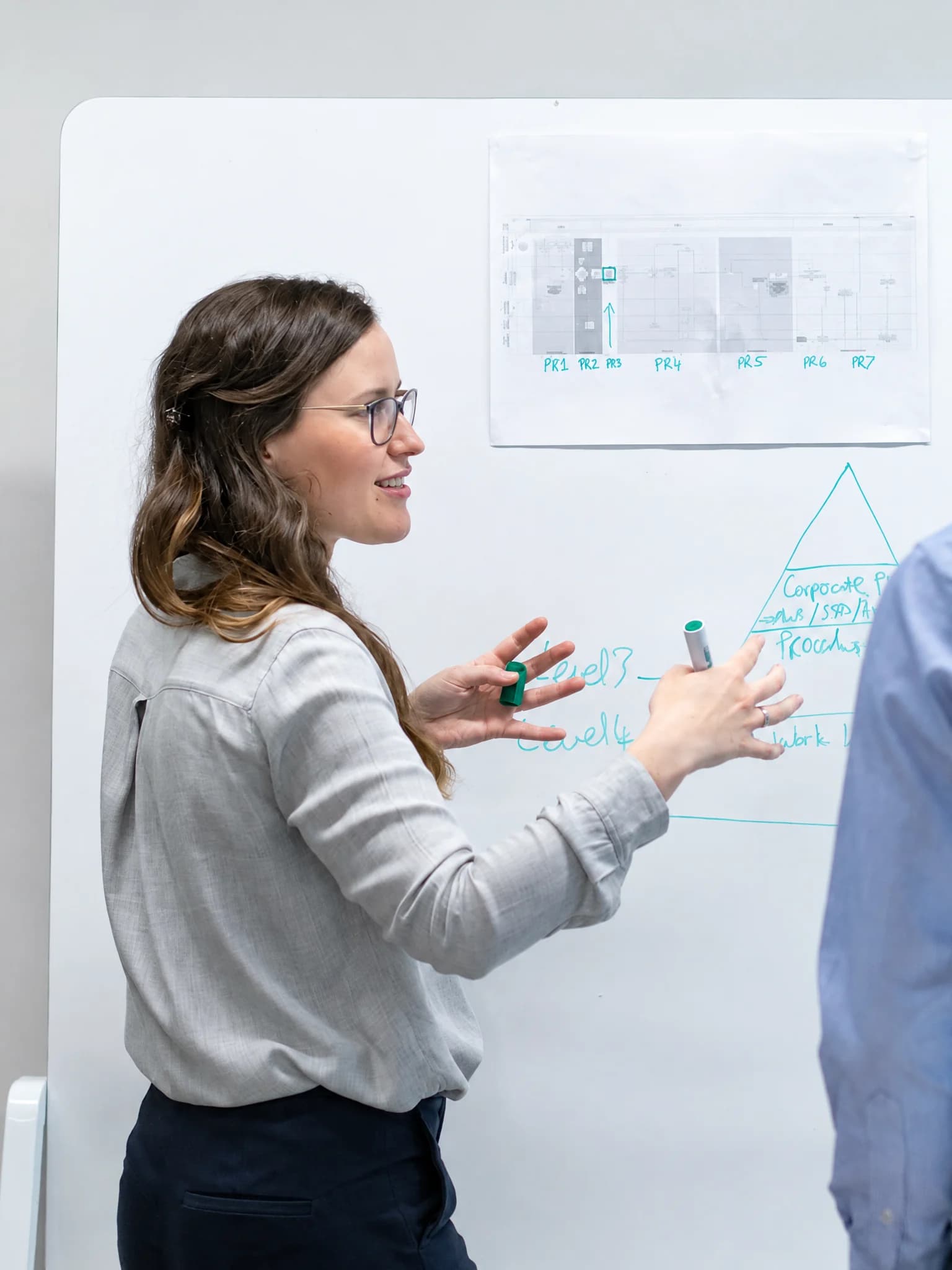 Woman discussing a diagram at a whiteboard with a colleague