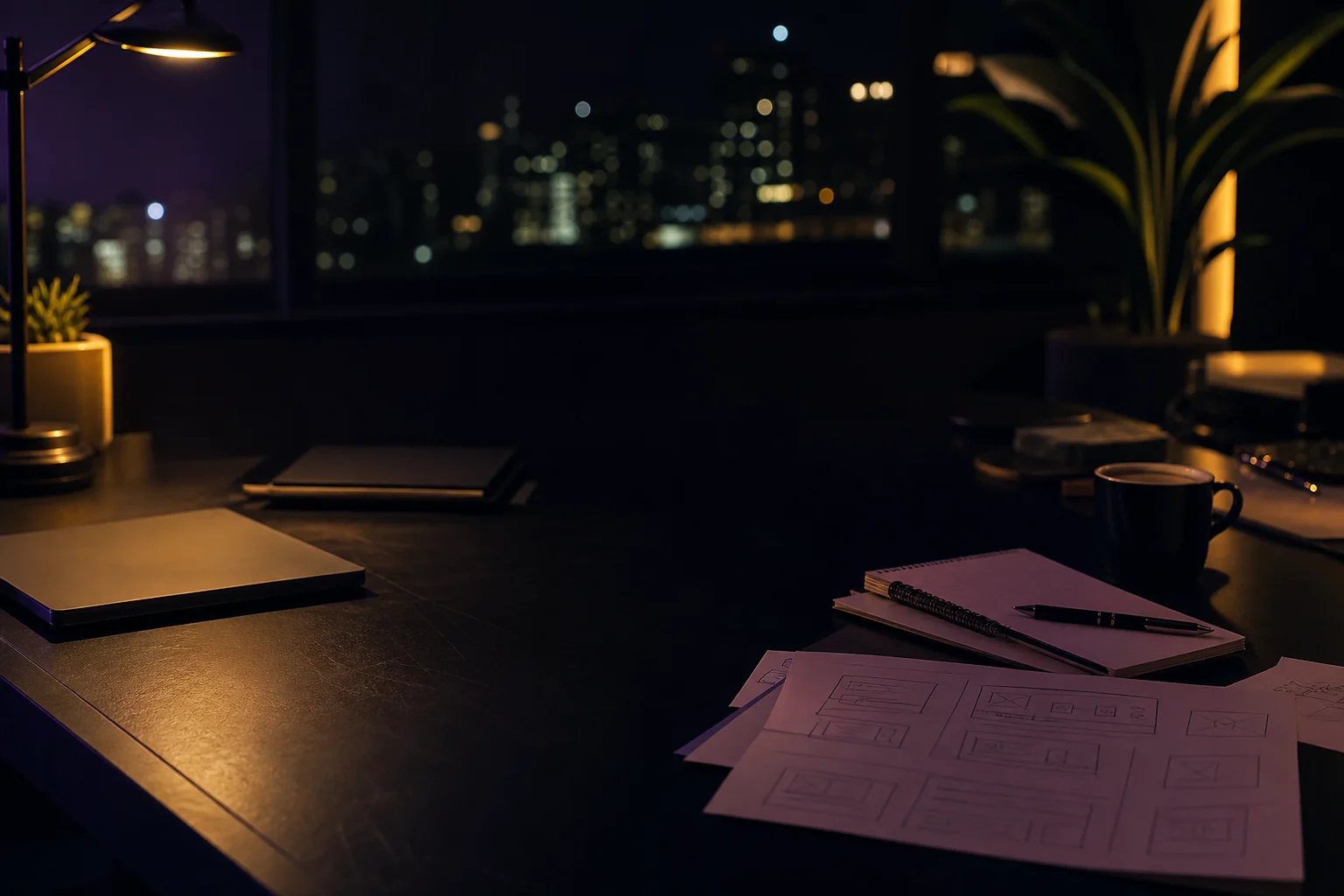 Dark founder workspace with notebooks and campaign planning materials after a strategy session
