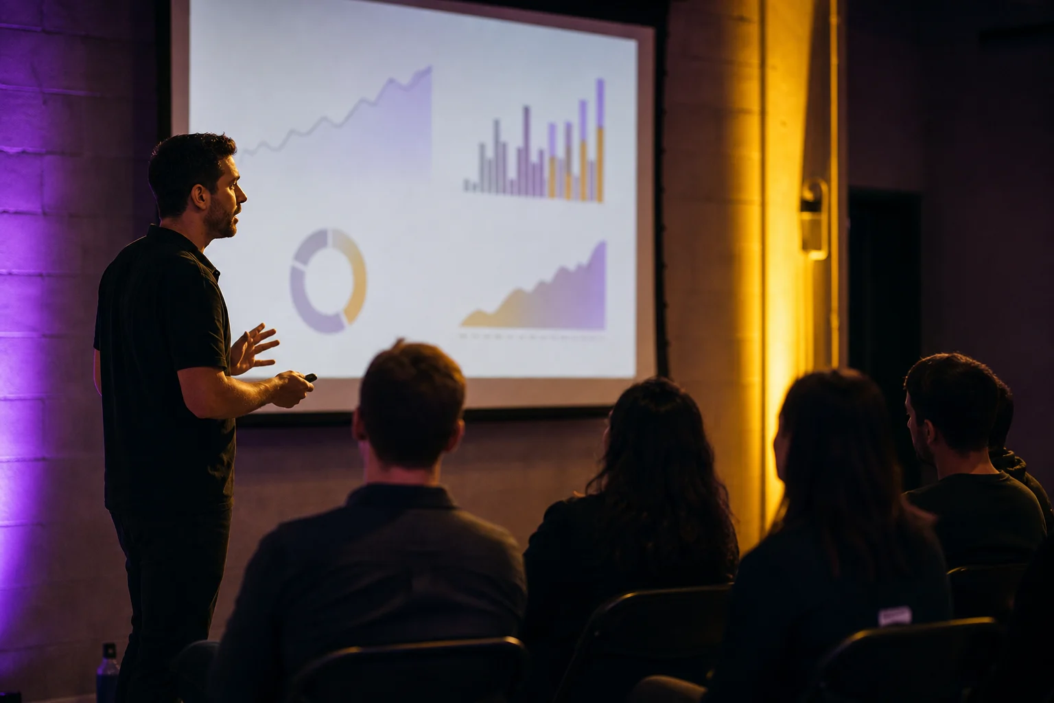 Founder presenting growth results to a small room of startup operators