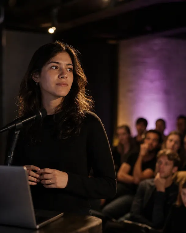 AI founder taking the floor to pitch at a Spark Showcase Night