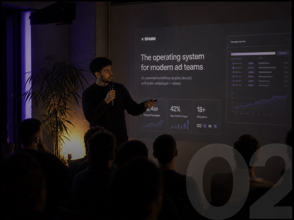 AI founder presenting their startup on stage at a Spark AI Showcase Night