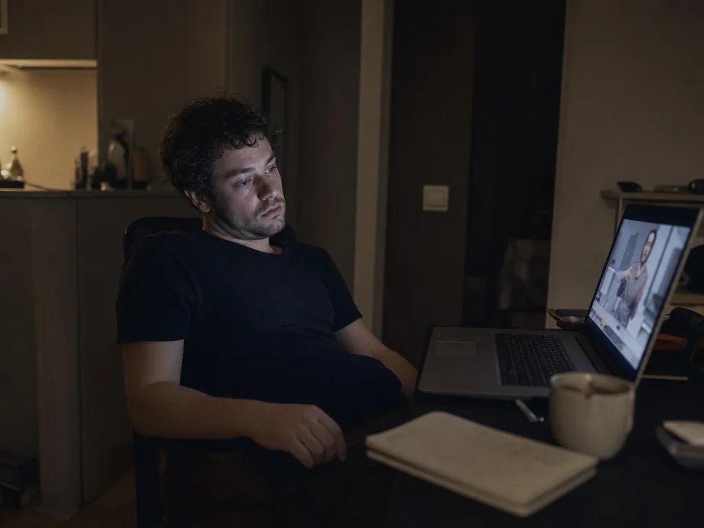 A frustrated founder watching videos on a laptop