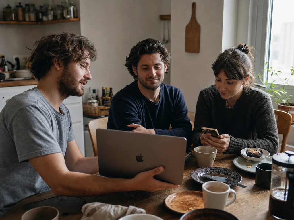 A family looking disinterested at a founder's laptop